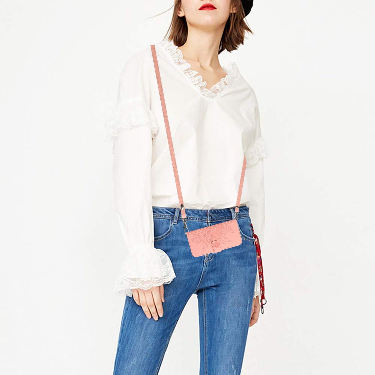 HT04 For vivo Y78+ 5G Sunflower Imprint Phone Case Leather Wallet Stand Shell with Shoulder Strap