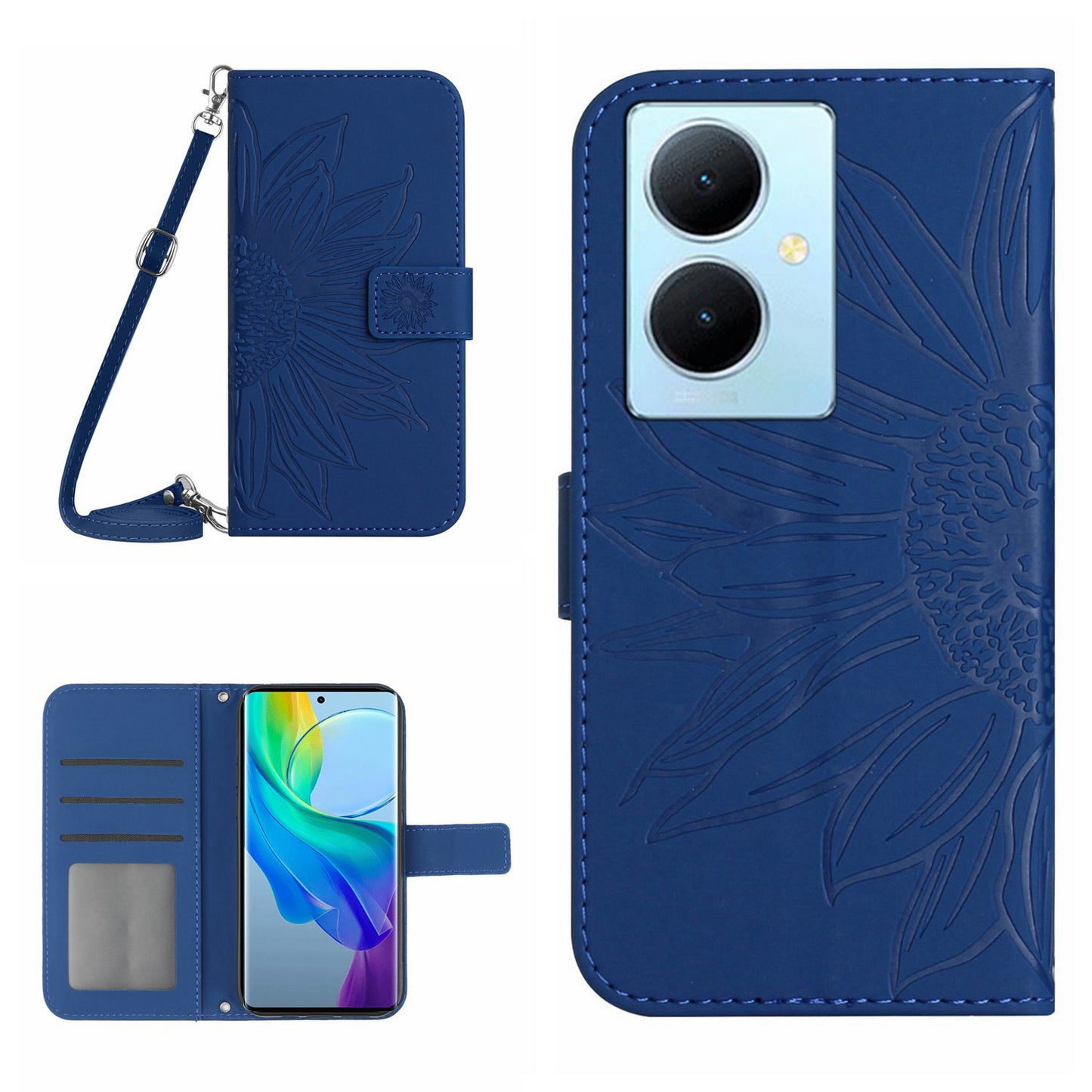 HT04 For vivo Y78+ 5G Sunflower Imprint Phone Case Leather Wallet Stand Shell with Shoulder Strap