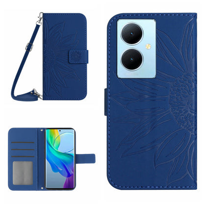 HT04 For vivo Y78+ 5G Sunflower Imprint Phone Case Leather Wallet Stand Shell with Shoulder Strap