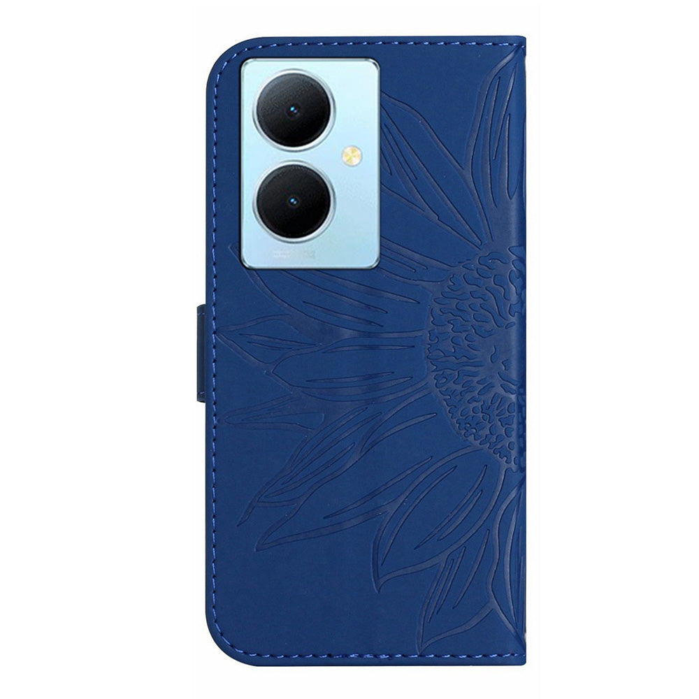 HT04 For vivo Y78+ 5G Sunflower Imprint Phone Case Leather Wallet Stand Shell with Shoulder Strap