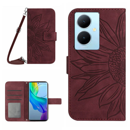 HT04 For vivo Y78+ 5G Sunflower Imprint Phone Case Leather Wallet Stand Shell with Shoulder Strap