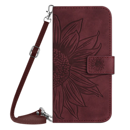 HT04 For vivo Y78+ 5G Sunflower Imprint Phone Case Leather Wallet Stand Shell with Shoulder Strap
