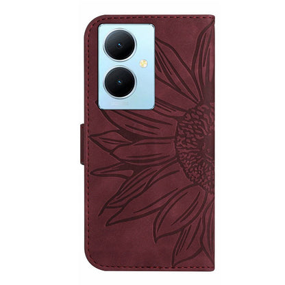 HT04 For vivo Y78+ 5G Sunflower Imprint Phone Case Leather Wallet Stand Shell with Shoulder Strap