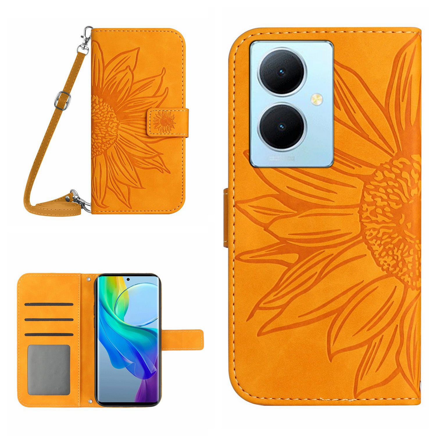 HT04 For vivo Y78+ 5G Sunflower Imprint Phone Case Leather Wallet Stand Shell with Shoulder Strap