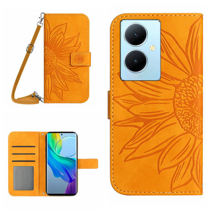 HT04 For vivo Y78+ 5G Sunflower Imprint Phone Case Leather Wallet Stand Shell with Shoulder Strap
