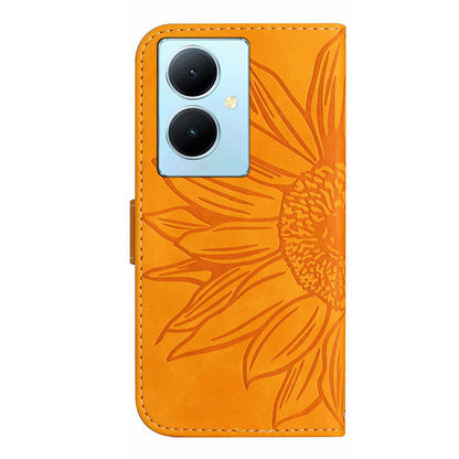 HT04 For vivo Y78+ 5G Sunflower Imprint Phone Case Leather Wallet Stand Shell with Shoulder Strap