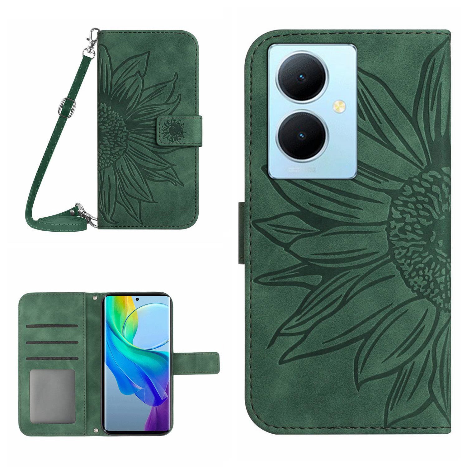 HT04 For vivo Y78+ 5G Sunflower Imprint Phone Case Leather Wallet Stand Shell with Shoulder Strap
