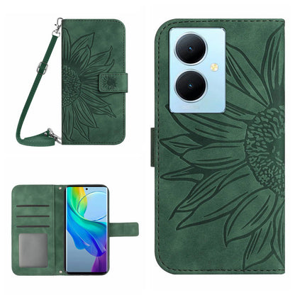 HT04 For vivo Y78+ 5G Sunflower Imprint Phone Case Leather Wallet Stand Shell with Shoulder Strap
