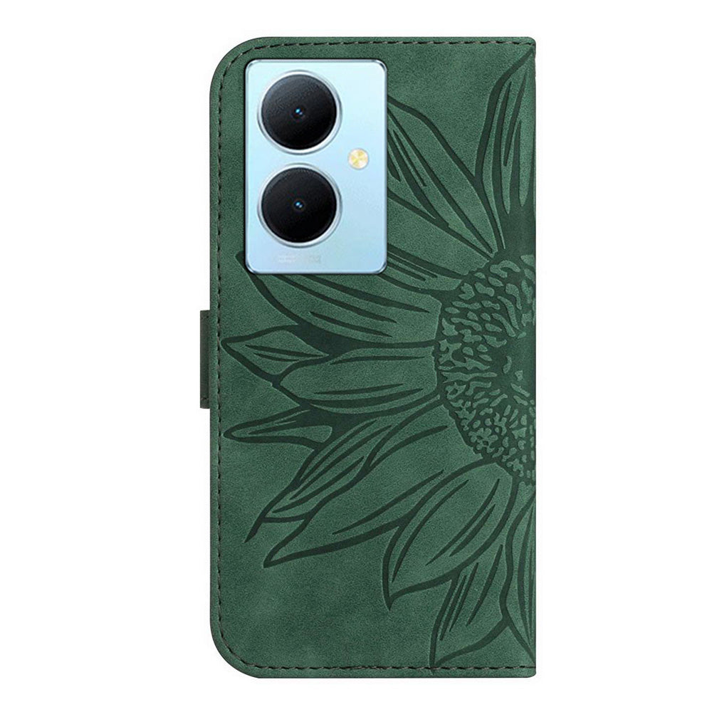 HT04 For vivo Y78+ 5G Sunflower Imprint Phone Case Leather Wallet Stand Shell with Shoulder Strap