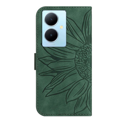 HT04 For vivo Y78+ 5G Sunflower Imprint Phone Case Leather Wallet Stand Shell with Shoulder Strap