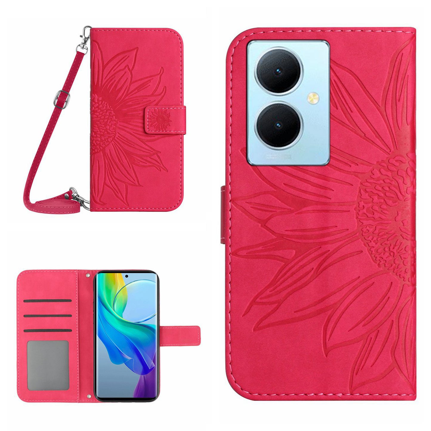 HT04 For vivo Y78+ 5G Sunflower Imprint Phone Case Leather Wallet Stand Shell with Shoulder Strap
