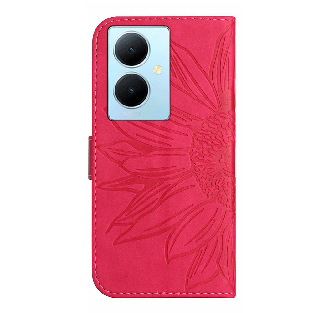 HT04 For vivo Y78+ 5G Sunflower Imprint Phone Case Leather Wallet Stand Shell with Shoulder Strap