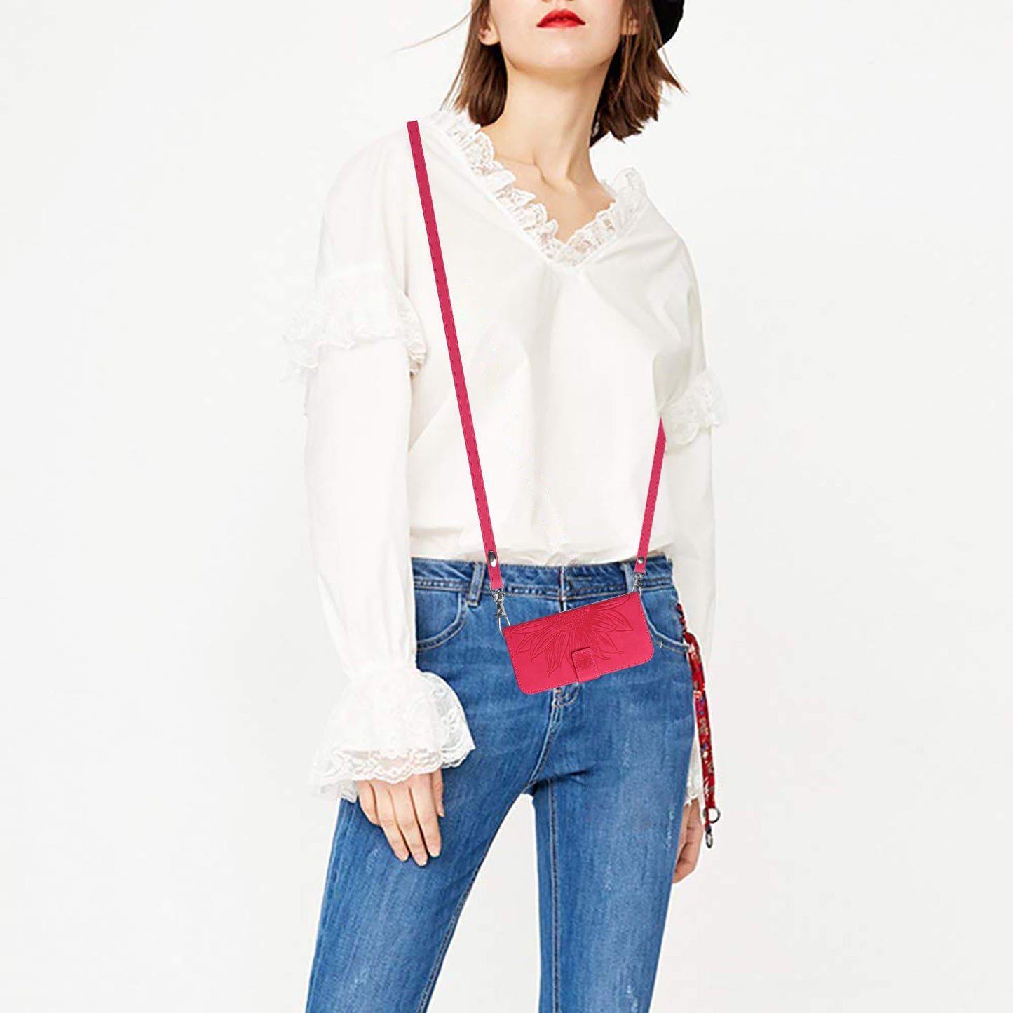 HT04 For vivo Y78+ 5G Sunflower Imprint Phone Case Leather Wallet Stand Shell with Shoulder Strap