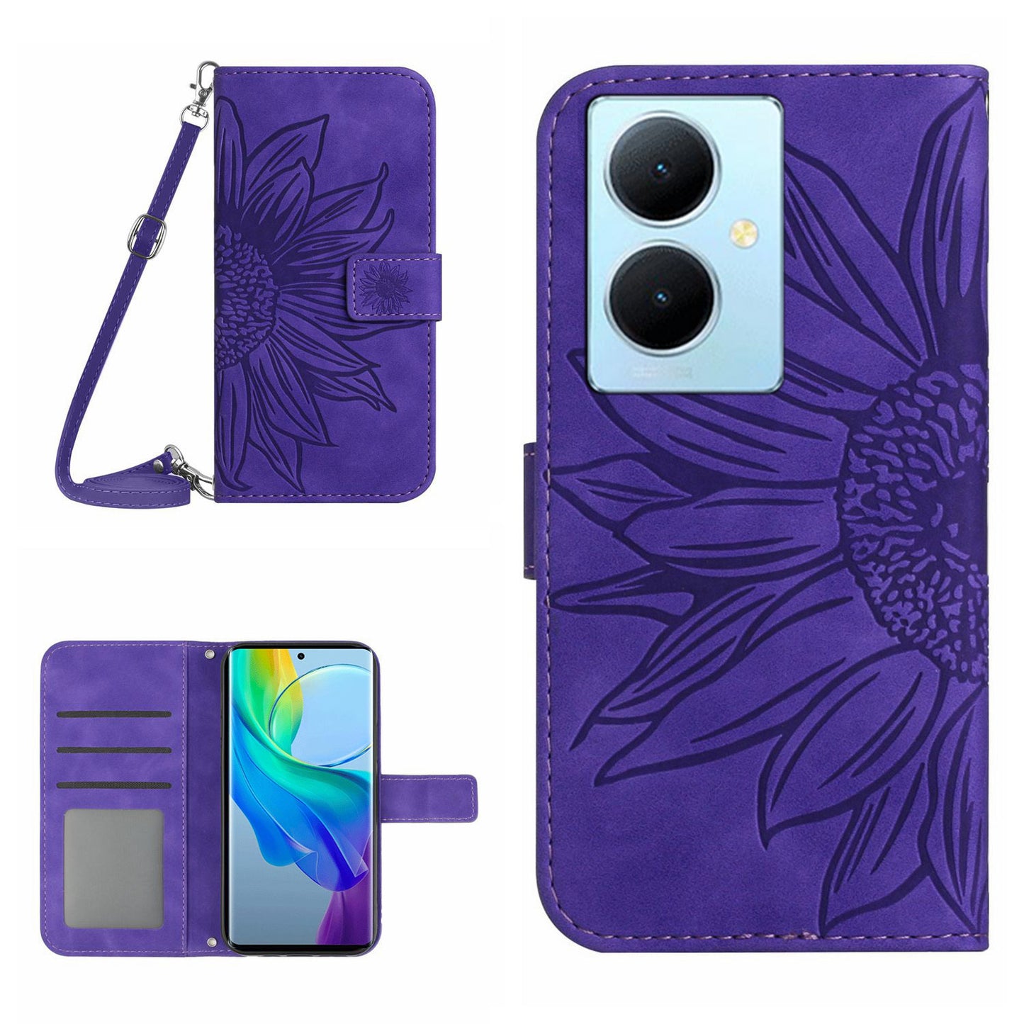 HT04 For vivo Y78+ 5G Sunflower Imprint Phone Case Leather Wallet Stand Shell with Shoulder Strap
