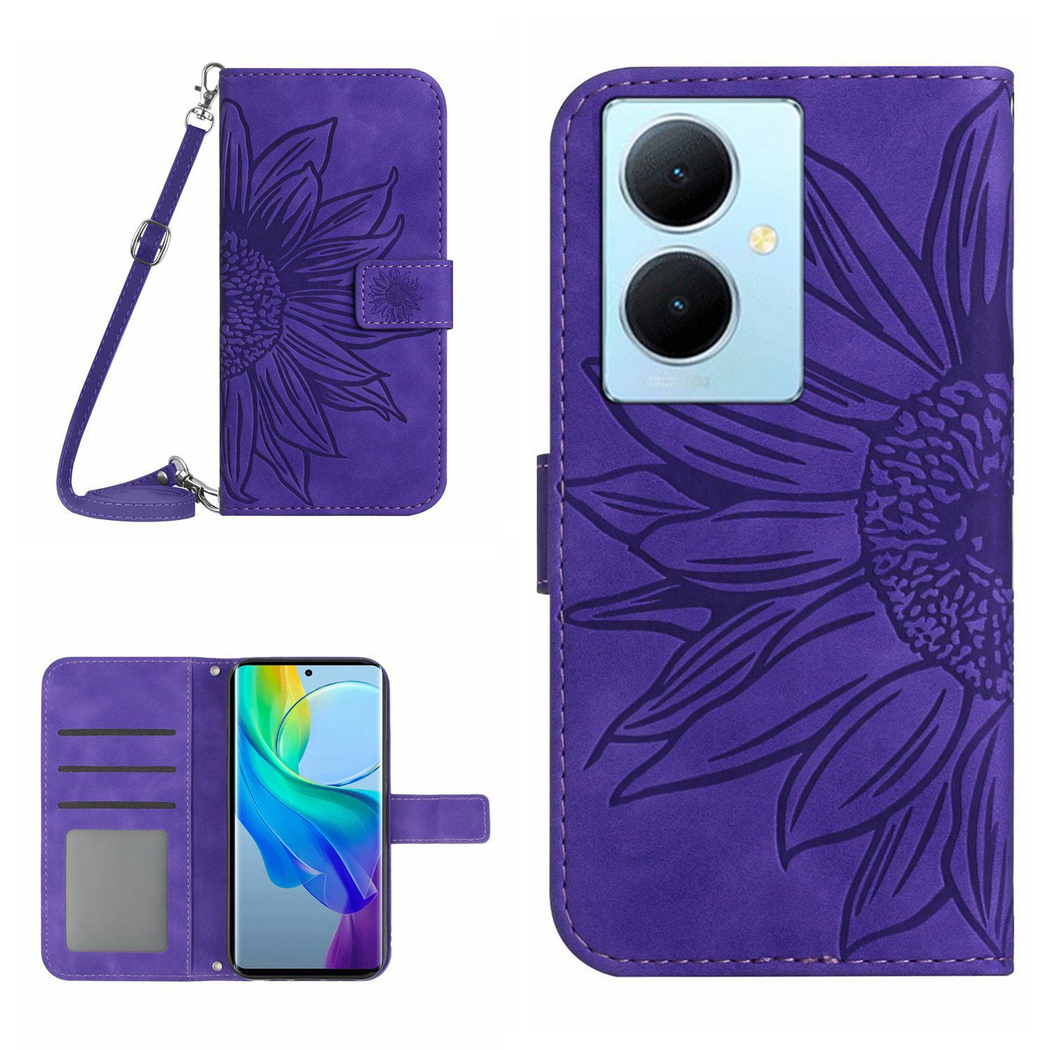 HT04 For vivo Y78+ 5G Sunflower Imprint Phone Case Leather Wallet Stand Shell with Shoulder Strap