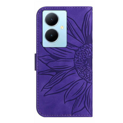 HT04 For vivo Y78+ 5G Sunflower Imprint Phone Case Leather Wallet Stand Shell with Shoulder Strap