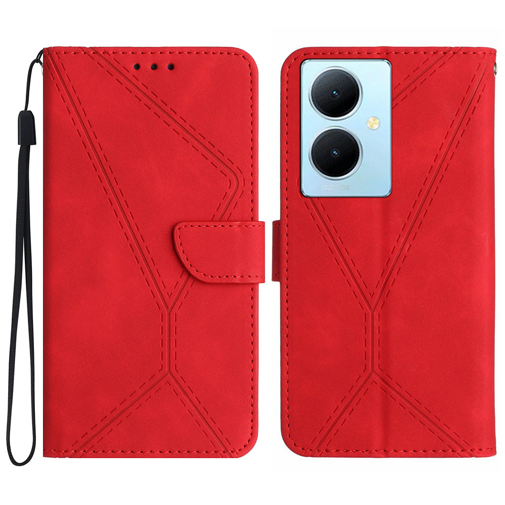 HT05 For vivo Y78+ 5G Flip Stand Wallet Leather Cover Skin-touch Imprinted Line Phone Case