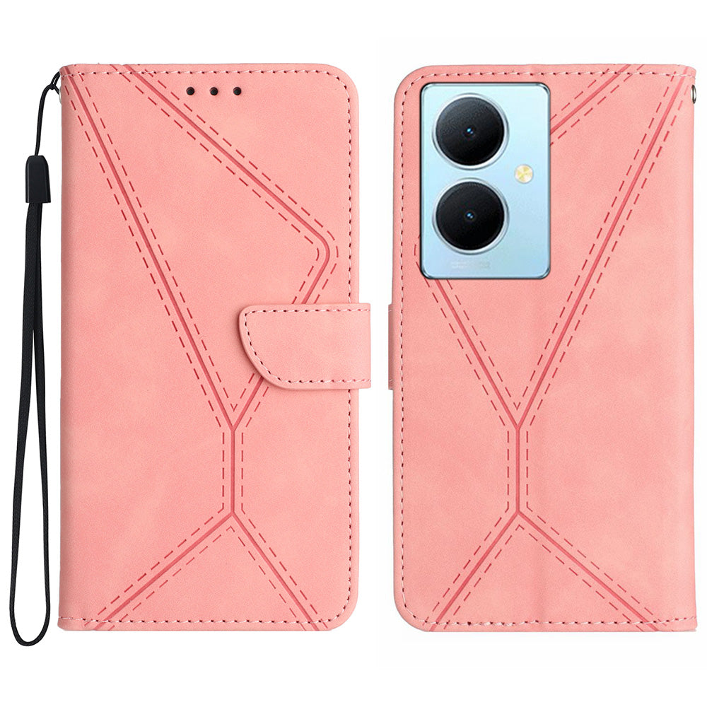 HT05 For vivo Y78+ 5G Flip Stand Wallet Leather Cover Skin-touch Imprinted Line Phone Case