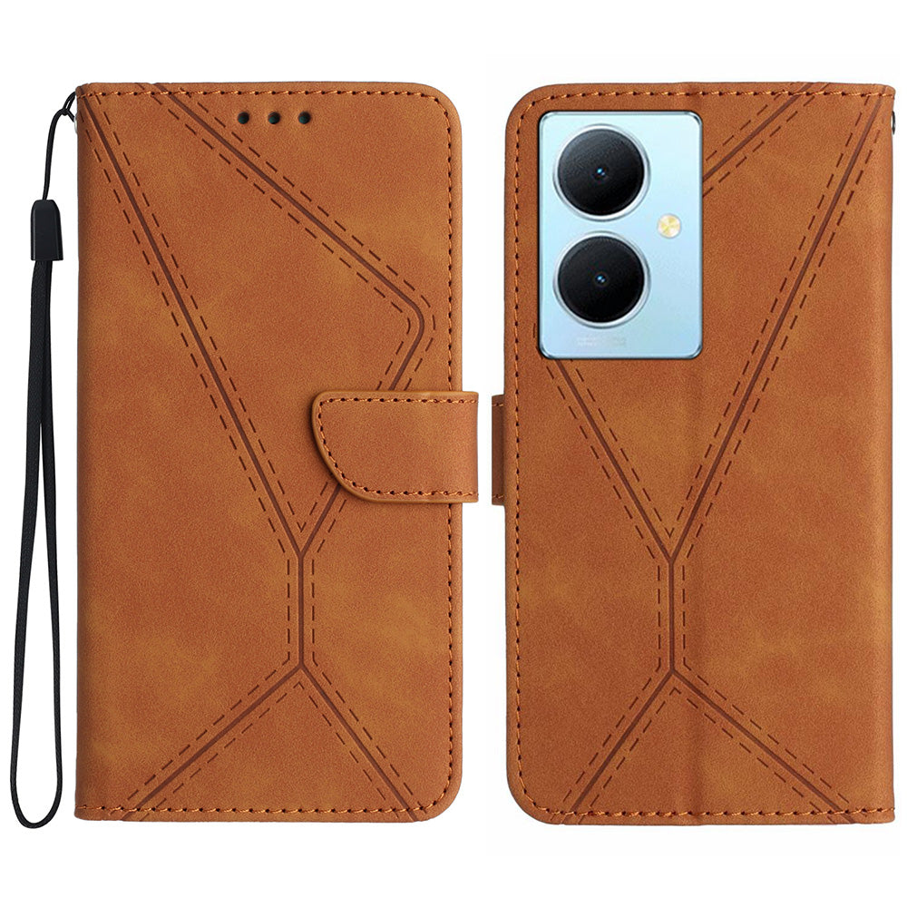 HT05 For vivo Y78+ 5G Flip Stand Wallet Leather Cover Skin-touch Imprinted Line Phone Case