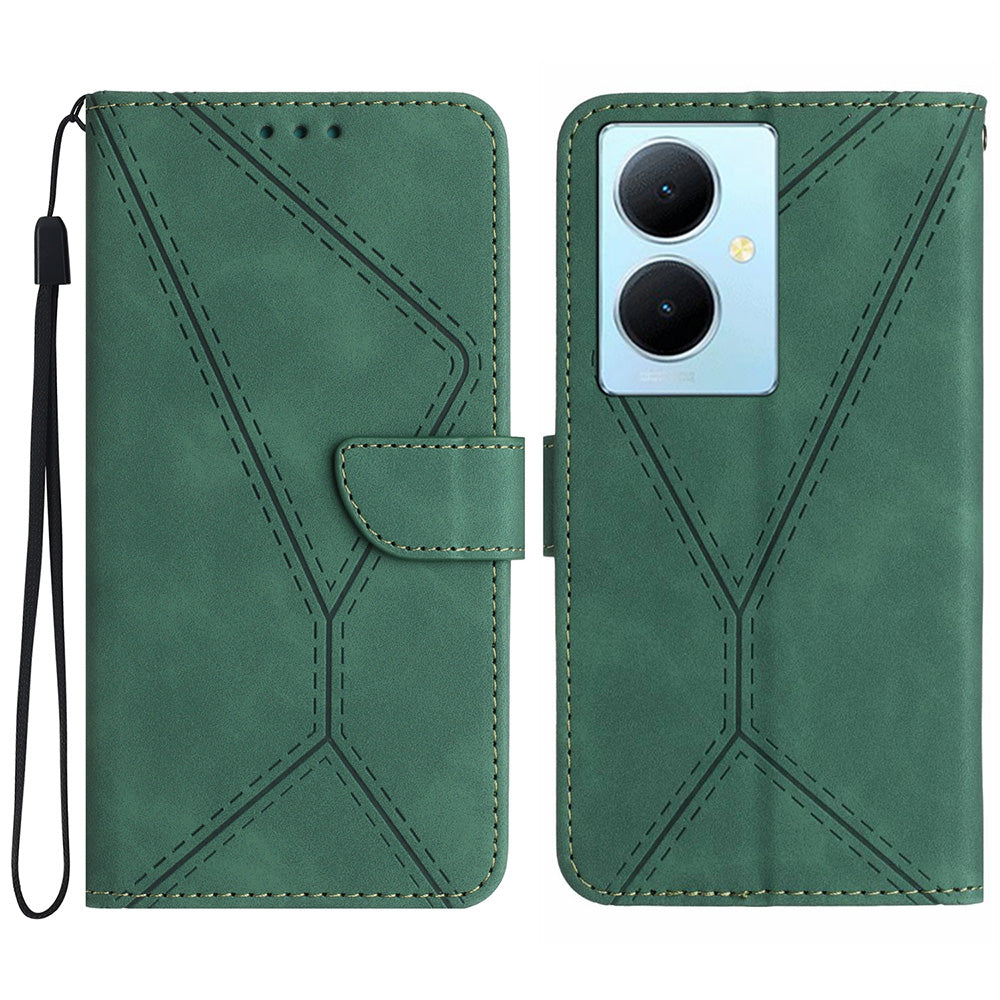 HT05 For vivo Y78+ 5G Flip Stand Wallet Leather Cover Skin-touch Imprinted Line Phone Case