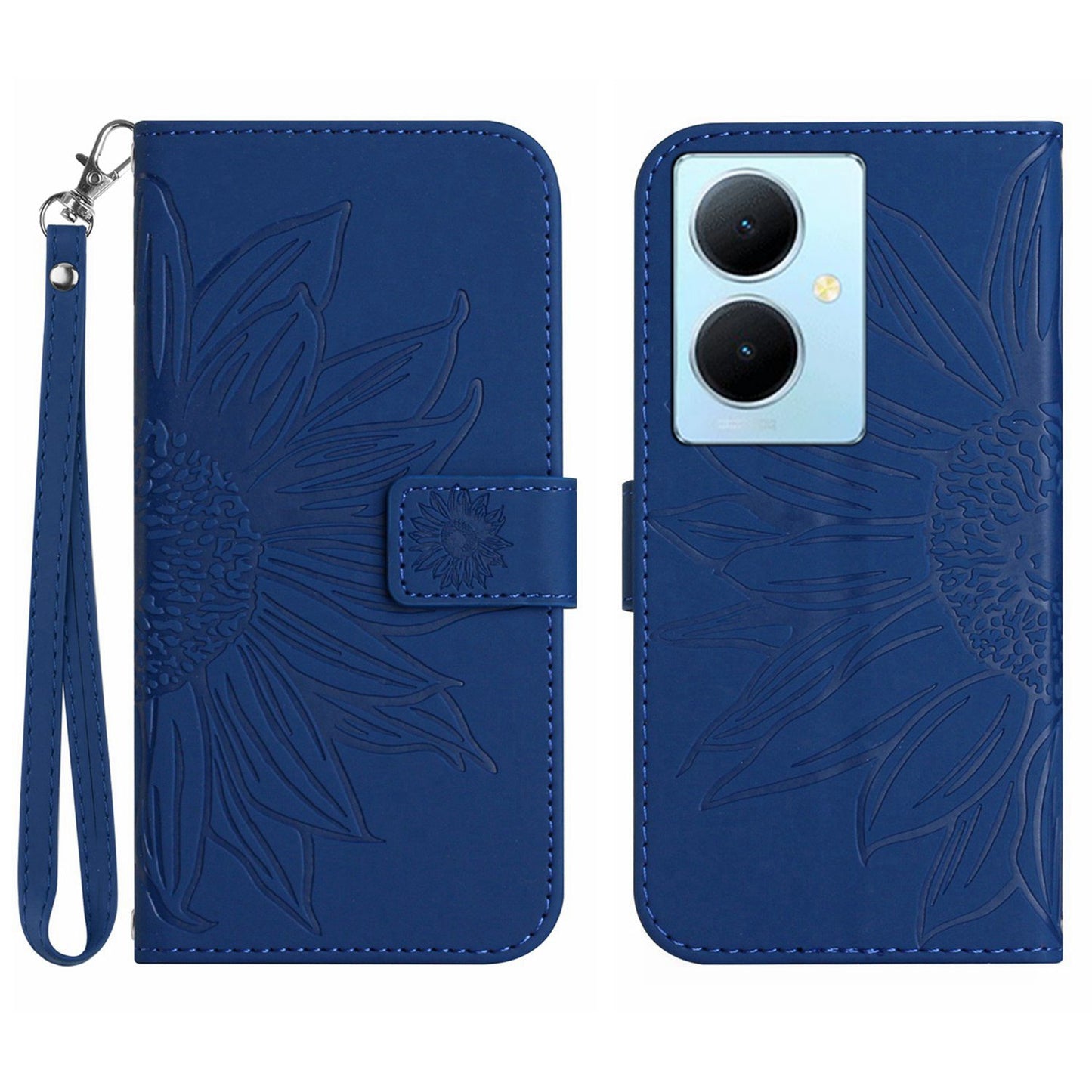 HT04 Phone Case for vivo Y78+ 5G , Leather Wallet Sunflower Pattern Stand Cover with Hand Strap