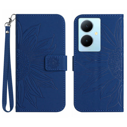 HT04 Phone Case for vivo Y78+ 5G , Leather Wallet Sunflower Pattern Stand Cover with Hand Strap