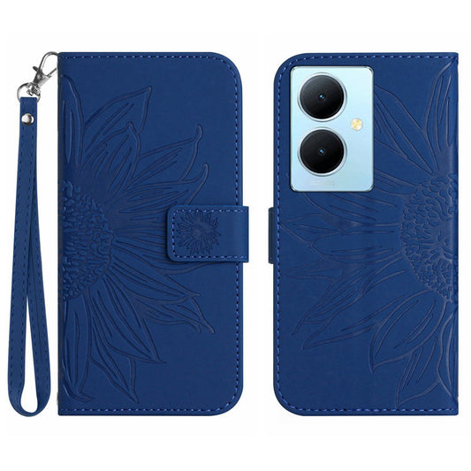 HT04 Phone Case for vivo Y78+ 5G , Leather Wallet Sunflower Pattern Stand Cover with Hand Strap