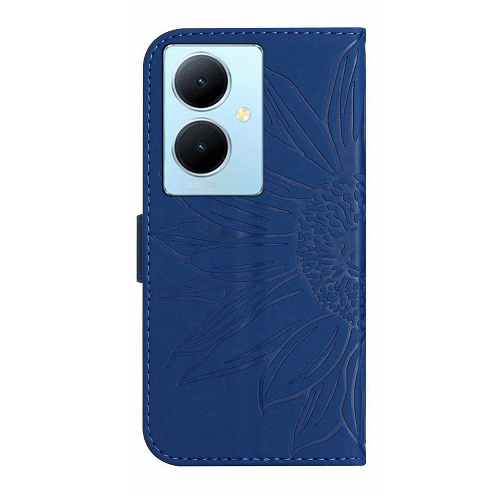 HT04 Phone Case for vivo Y78+ 5G , Leather Wallet Sunflower Pattern Stand Cover with Hand Strap