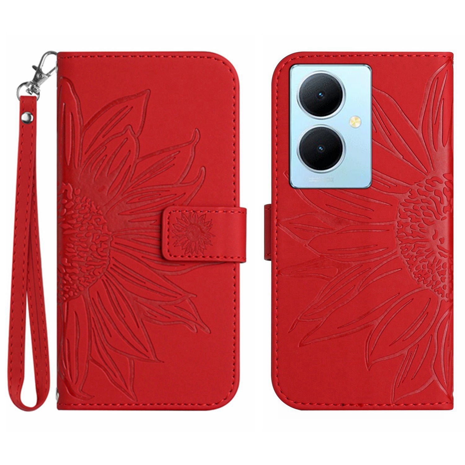 HT04 Phone Case for vivo Y78+ 5G , Leather Wallet Sunflower Pattern Stand Cover with Hand Strap