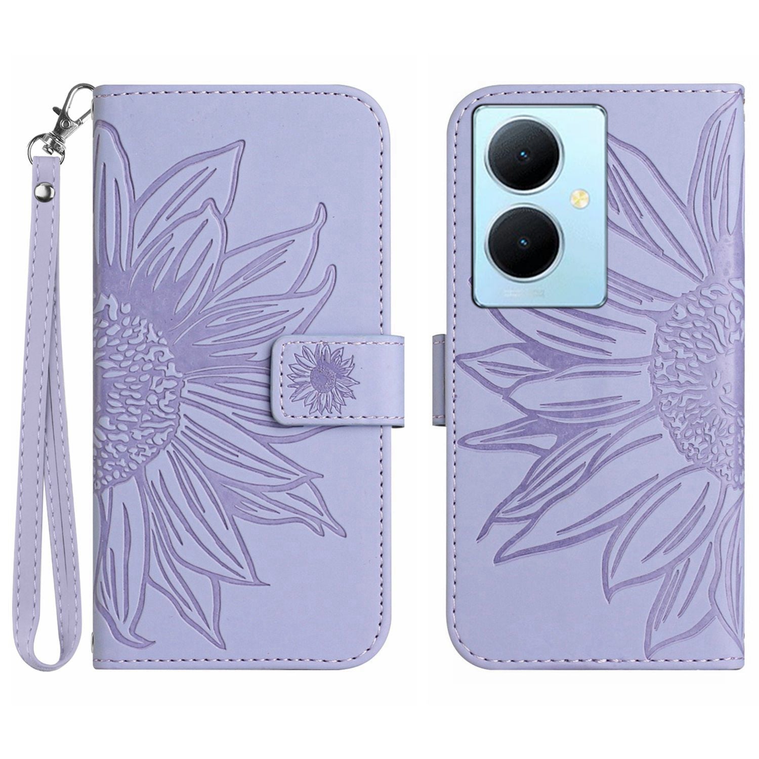 HT04 Phone Case for vivo Y78+ 5G , Leather Wallet Sunflower Pattern Stand Cover with Hand Strap