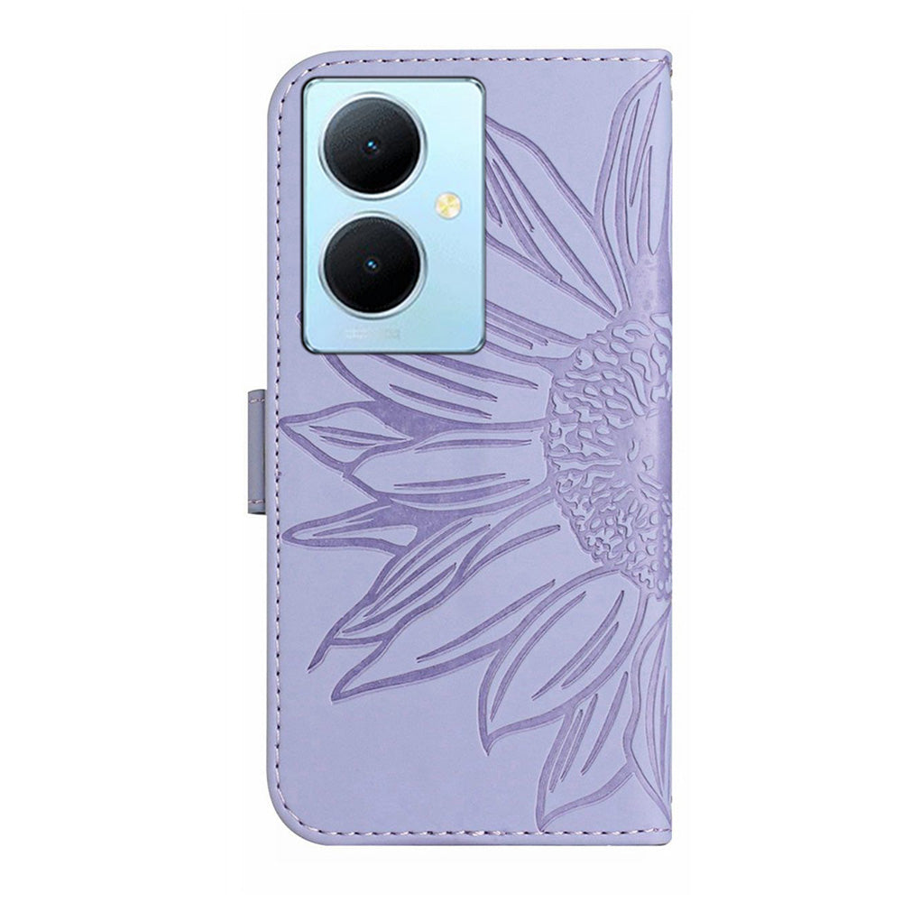 HT04 Phone Case for vivo Y78+ 5G , Leather Wallet Sunflower Pattern Stand Cover with Hand Strap