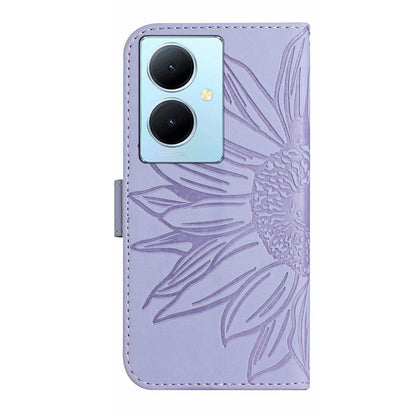HT04 Phone Case for vivo Y78+ 5G , Leather Wallet Sunflower Pattern Stand Cover with Hand Strap