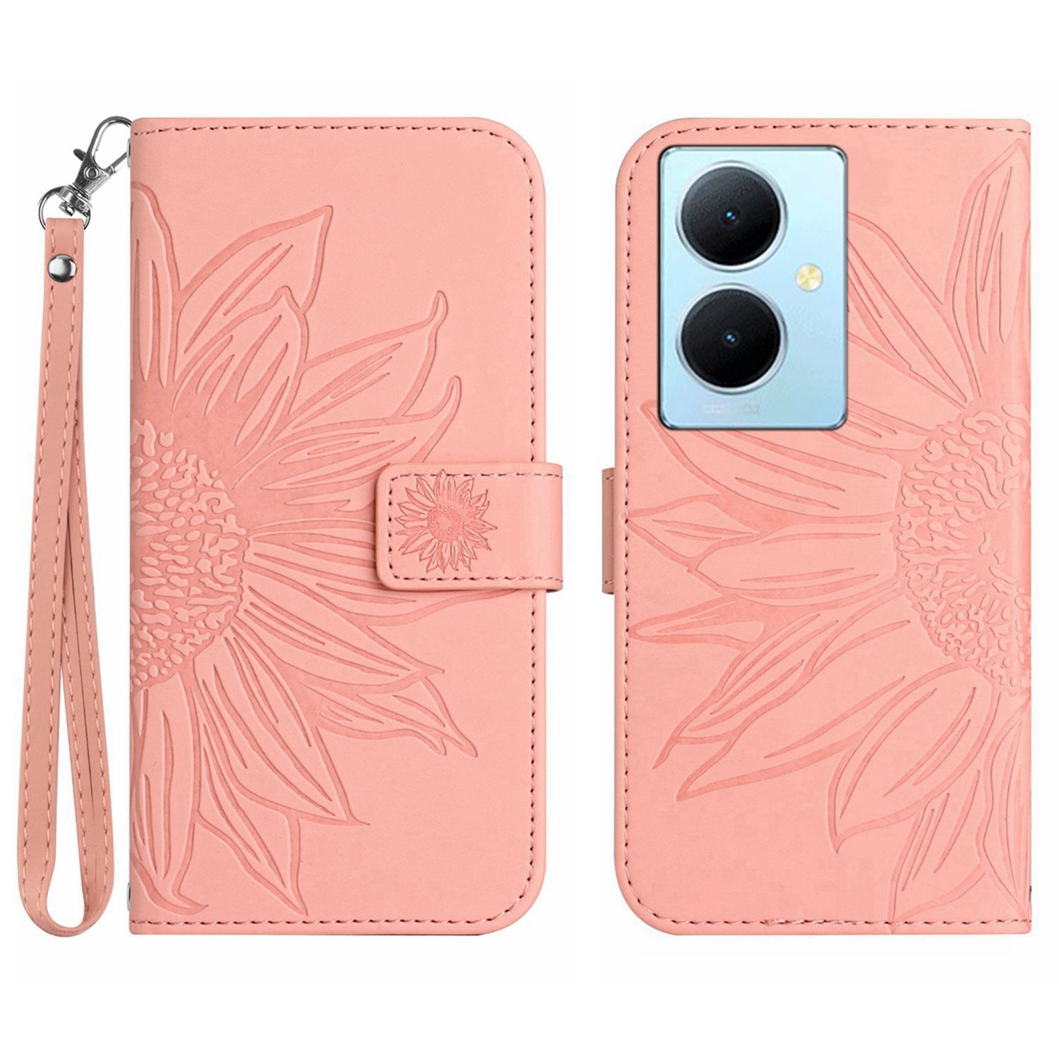HT04 Phone Case for vivo Y78+ 5G , Leather Wallet Sunflower Pattern Stand Cover with Hand Strap