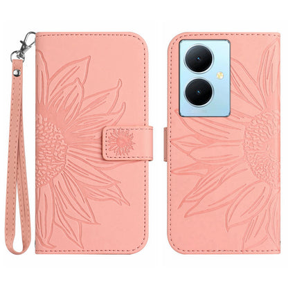 HT04 Phone Case for vivo Y78+ 5G , Leather Wallet Sunflower Pattern Stand Cover with Hand Strap