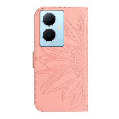 HT04 Phone Case for vivo Y78+ 5G , Leather Wallet Sunflower Pattern Stand Cover with Hand Strap