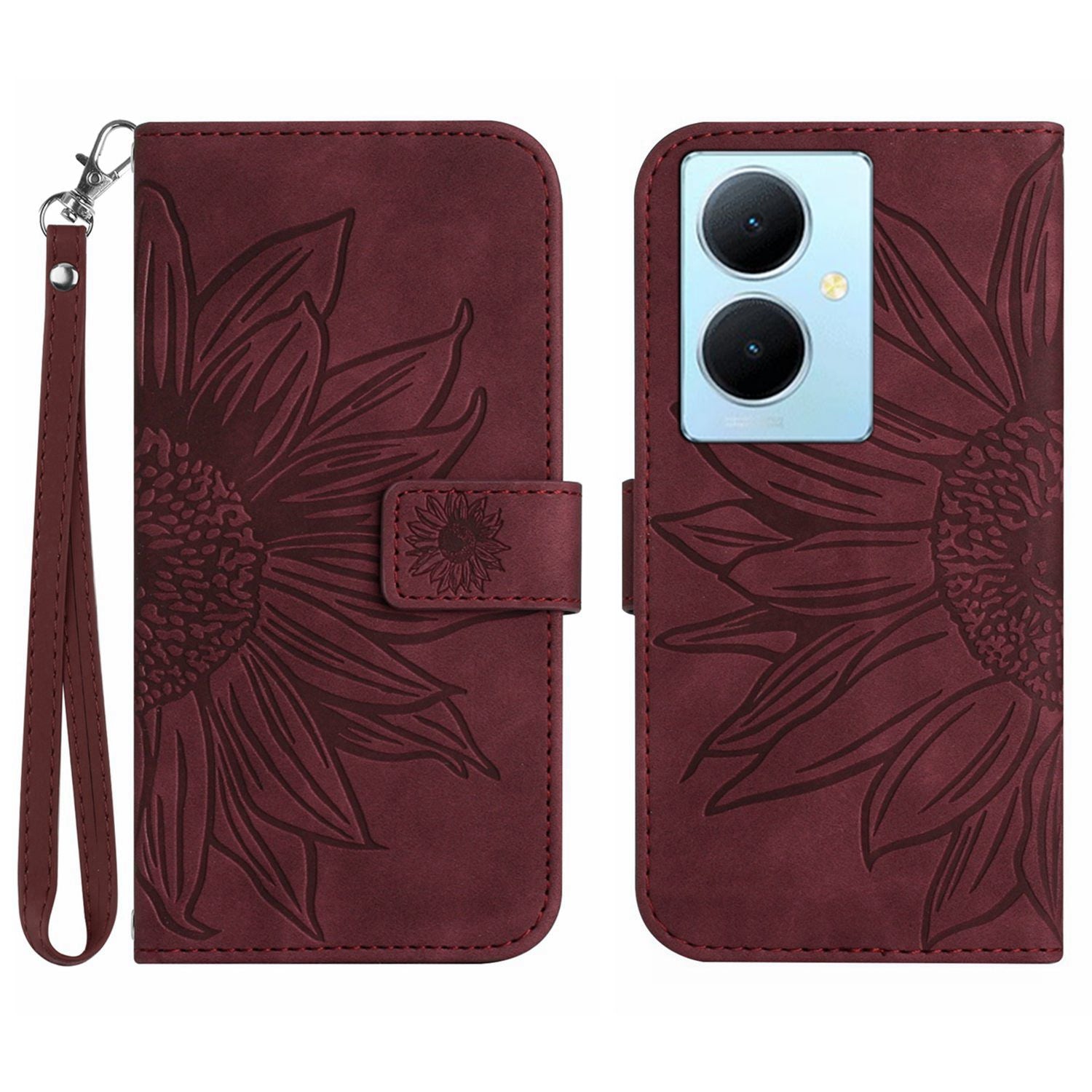 HT04 Phone Case for vivo Y78+ 5G , Leather Wallet Sunflower Pattern Stand Cover with Hand Strap