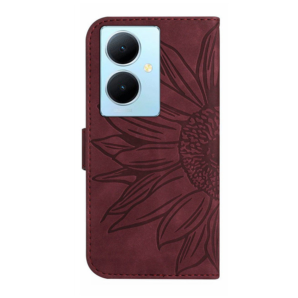 HT04 Phone Case for vivo Y78+ 5G , Leather Wallet Sunflower Pattern Stand Cover with Hand Strap