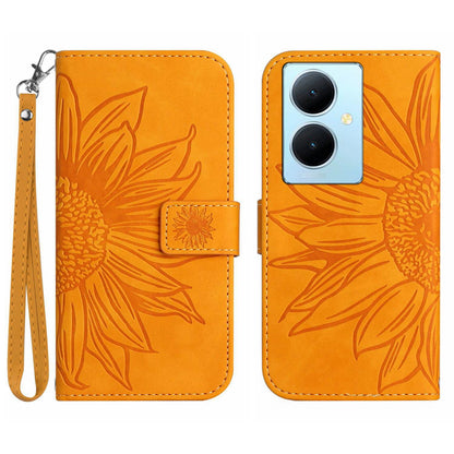 HT04 Phone Case for vivo Y78+ 5G , Leather Wallet Sunflower Pattern Stand Cover with Hand Strap