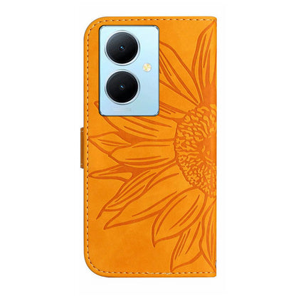 HT04 Phone Case for vivo Y78+ 5G , Leather Wallet Sunflower Pattern Stand Cover with Hand Strap