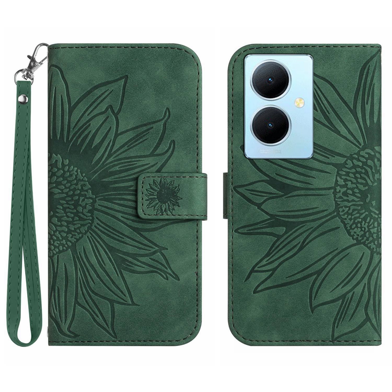 HT04 Phone Case for vivo Y78+ 5G , Leather Wallet Sunflower Pattern Stand Cover with Hand Strap