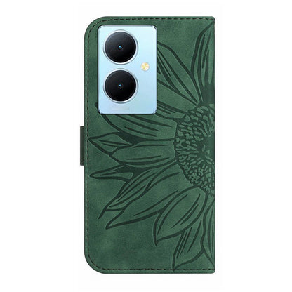 HT04 Phone Case for vivo Y78+ 5G , Leather Wallet Sunflower Pattern Stand Cover with Hand Strap