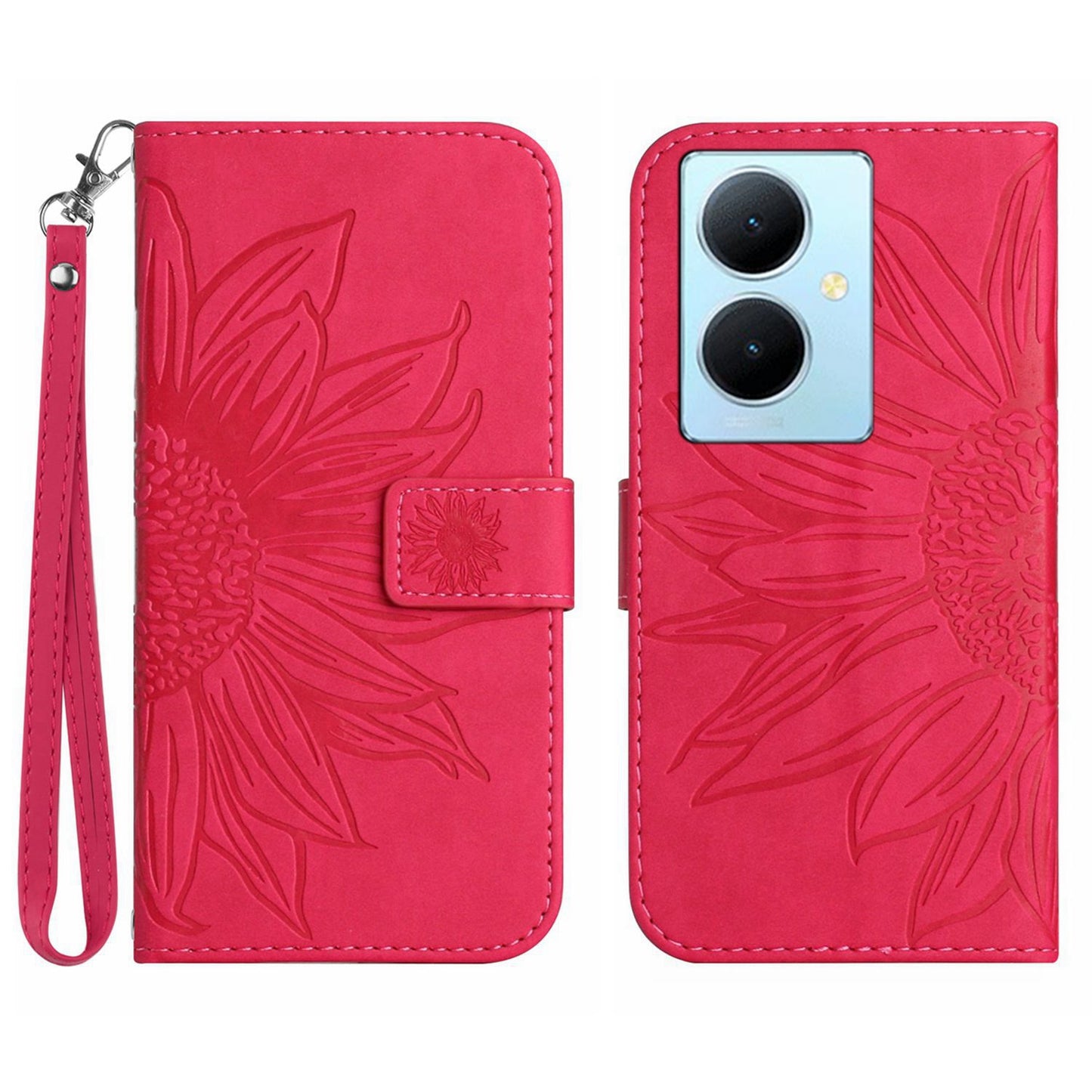 HT04 Phone Case for vivo Y78+ 5G , Leather Wallet Sunflower Pattern Stand Cover with Hand Strap