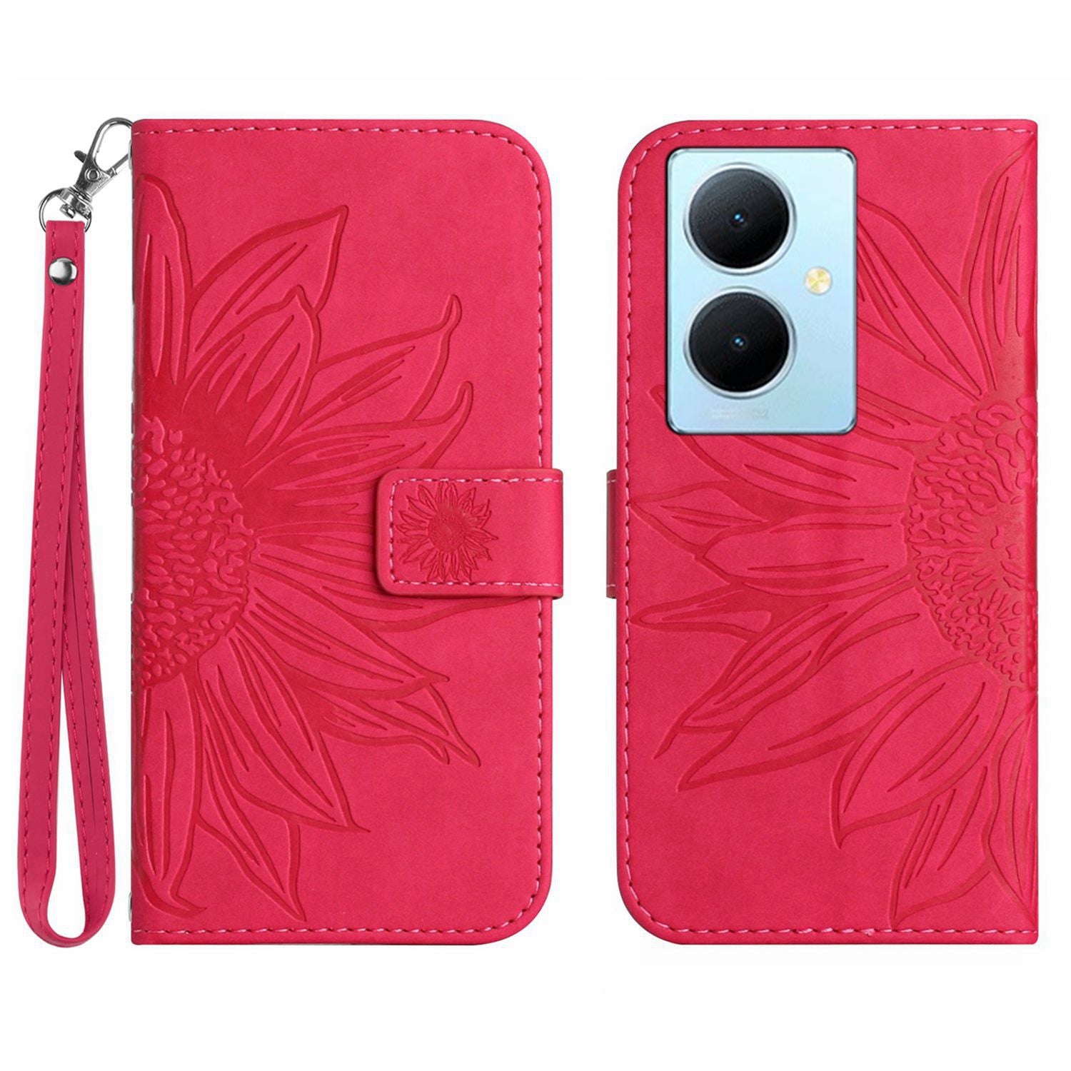 HT04 Phone Case for vivo Y78+ 5G , Leather Wallet Sunflower Pattern Stand Cover with Hand Strap