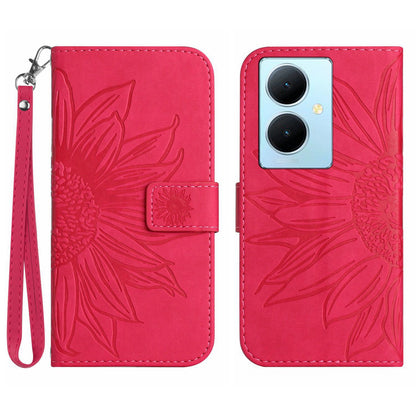 HT04 Phone Case for vivo Y78+ 5G , Leather Wallet Sunflower Pattern Stand Cover with Hand Strap