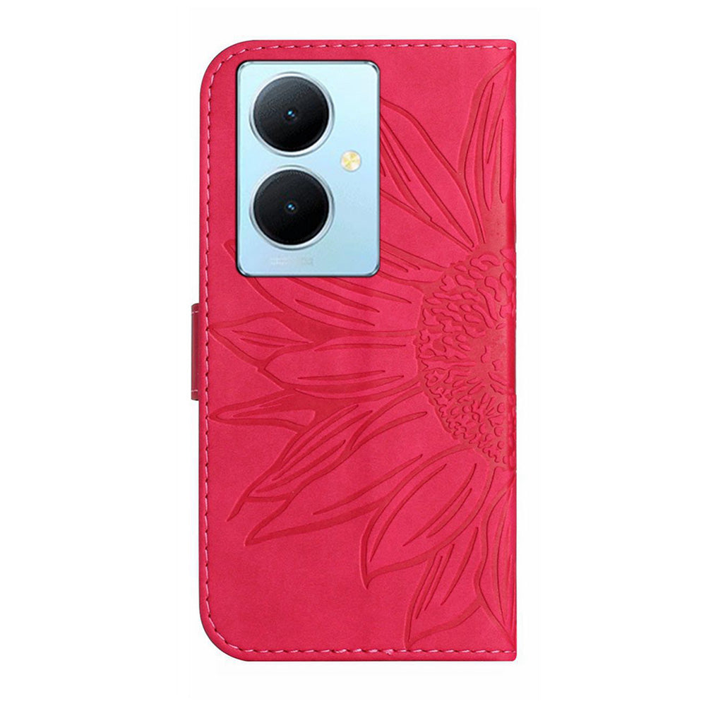 HT04 Phone Case for vivo Y78+ 5G , Leather Wallet Sunflower Pattern Stand Cover with Hand Strap
