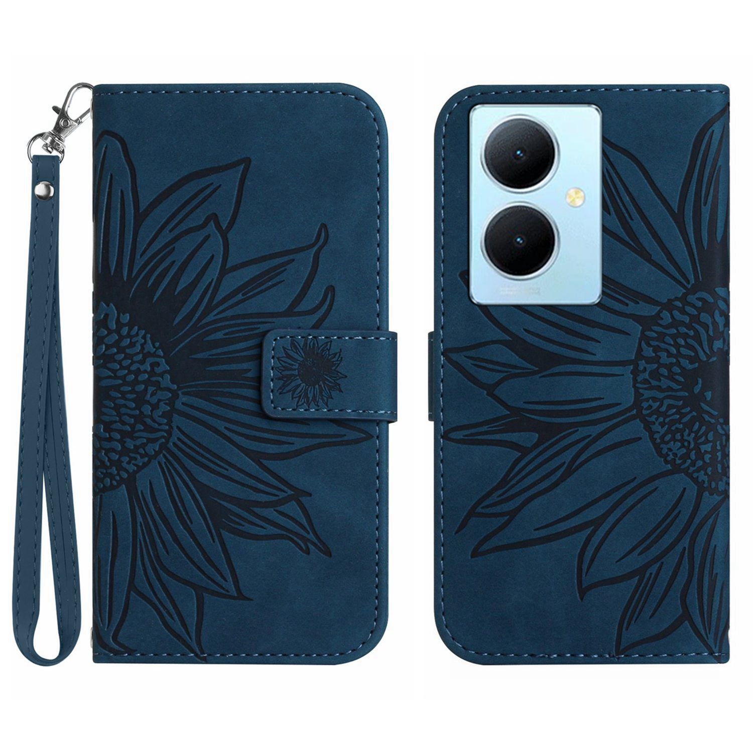 HT04 Phone Case for vivo Y78+ 5G , Leather Wallet Sunflower Pattern Stand Cover with Hand Strap