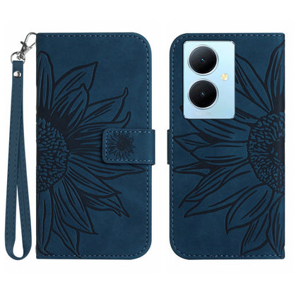 HT04 Phone Case for vivo Y78+ 5G , Leather Wallet Sunflower Pattern Stand Cover with Hand Strap