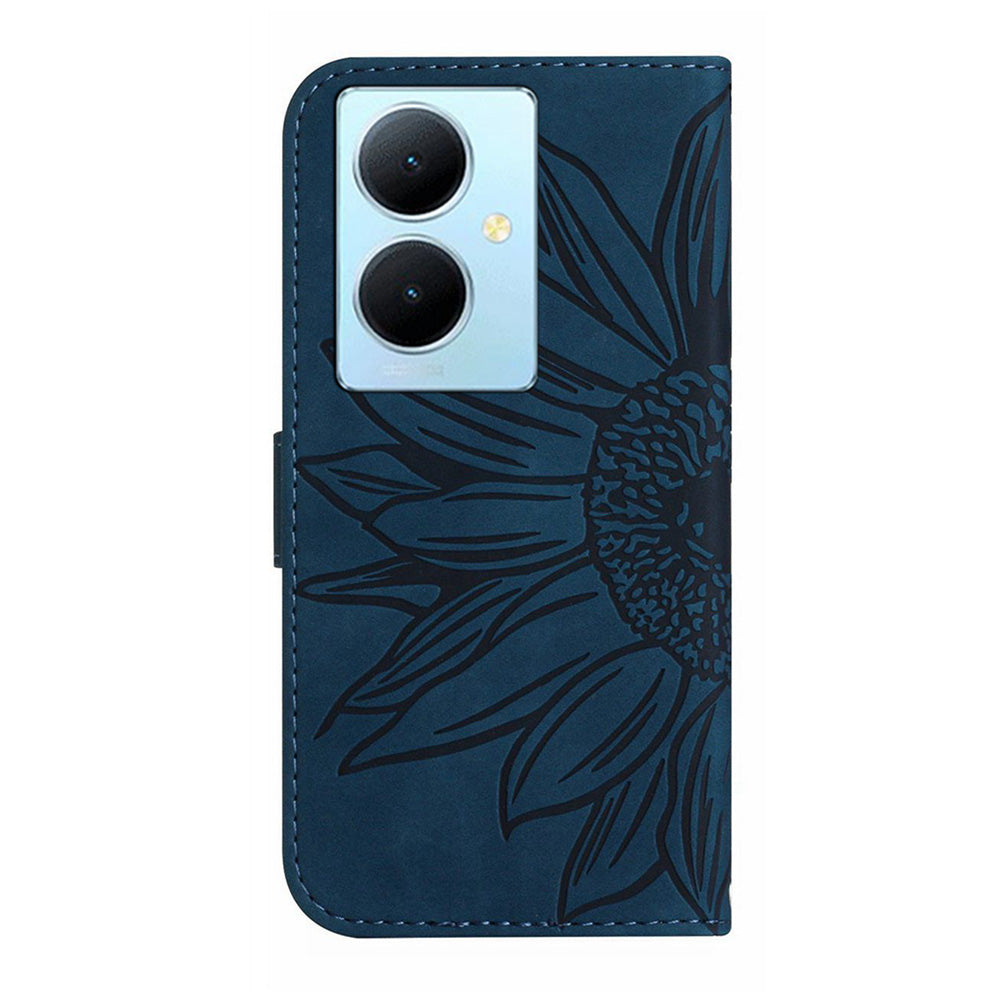 HT04 Phone Case for vivo Y78+ 5G , Leather Wallet Sunflower Pattern Stand Cover with Hand Strap