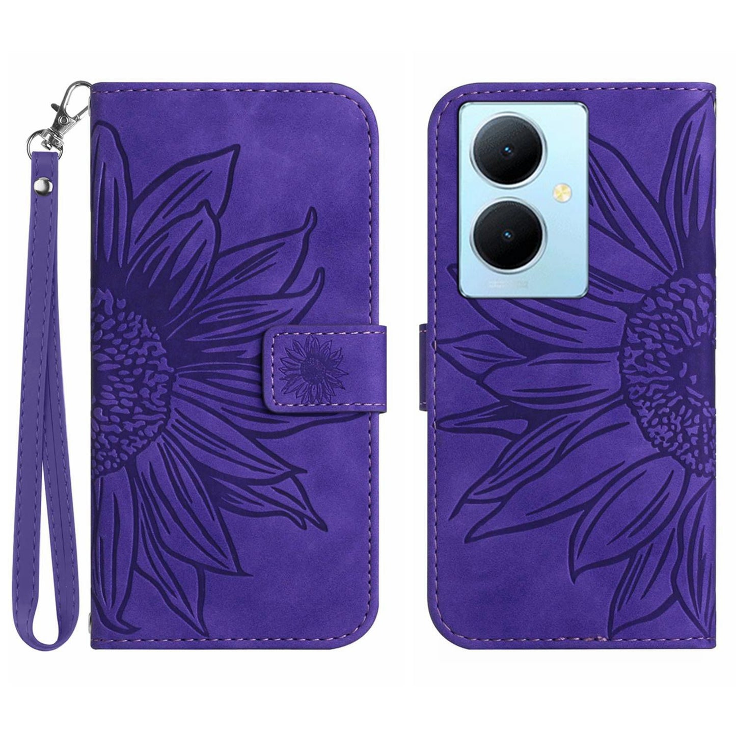 HT04 Phone Case for vivo Y78+ 5G , Leather Wallet Sunflower Pattern Stand Cover with Hand Strap