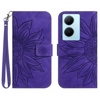 HT04 Phone Case for vivo Y78+ 5G , Leather Wallet Sunflower Pattern Stand Cover with Hand Strap